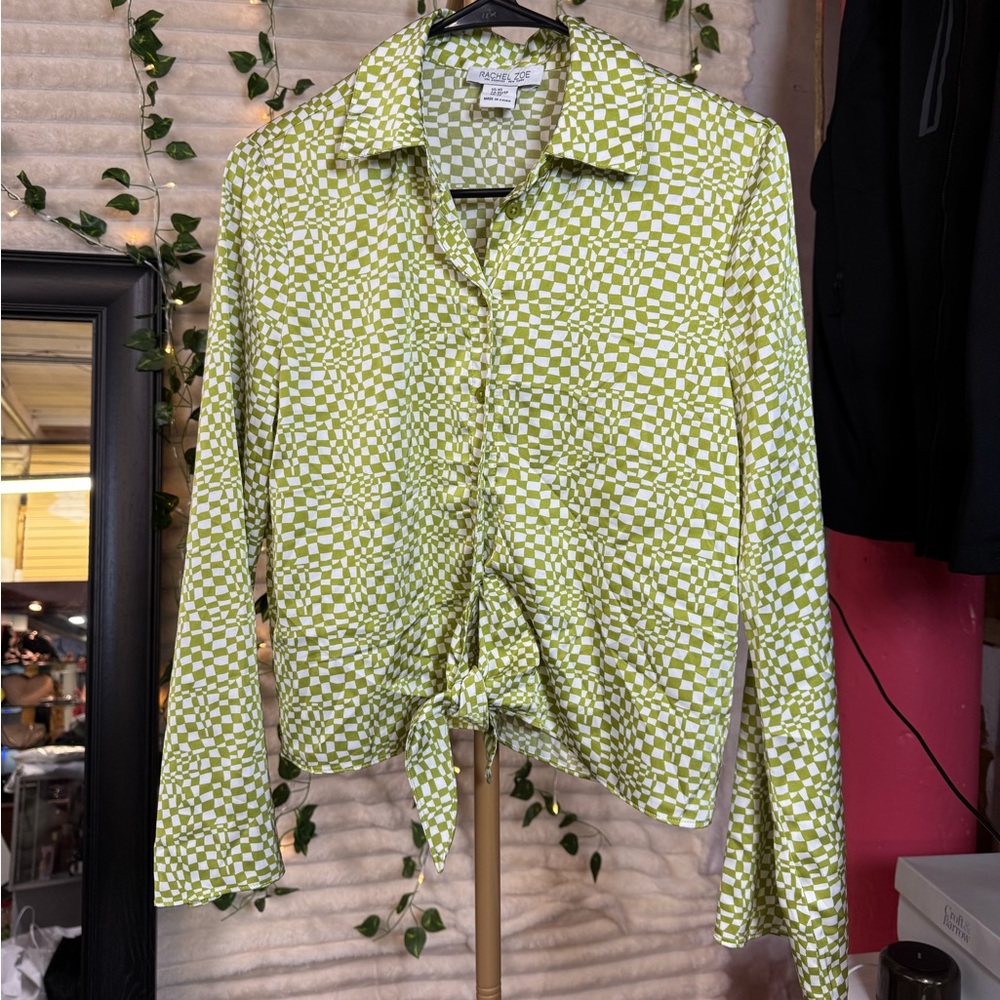 Rachel Zoe Green Check Tie-Front Button Down Shirt